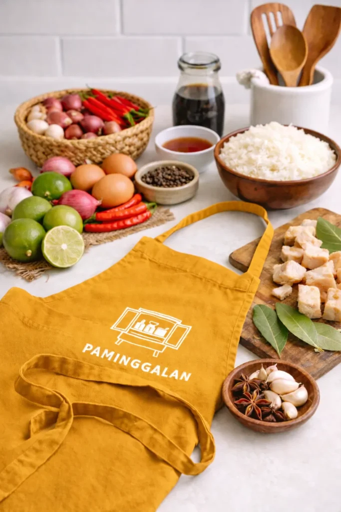 kitchen counter with raw cooking ingredients and a mustard-colored apron with Paminggalan logo, featured image for the About Paminggalan page
