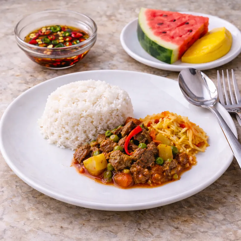 lunch idea for family day - a plate of rice with kaldereta and achara, a place with sliced watermelon and mango, and a fish sauce for dipping sauce