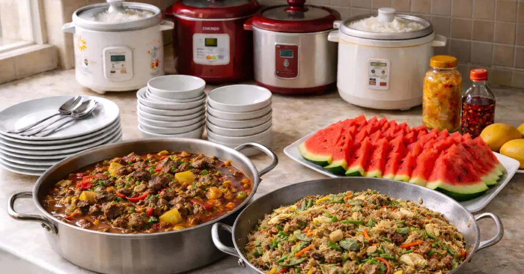 A pot of beef kaldereta and a wok with pansit quisado, with a plate of sliced watermelon and a couple of ripe mangoes, at the back are fish sauce bottle, achara bottle, four rice cookers and a stack of white plates and bows with spoons - all for Sunday family day gathering.
