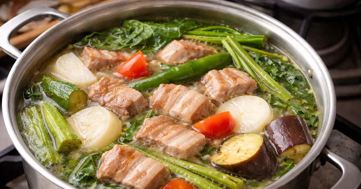 a pot of hot sinigang na baboy