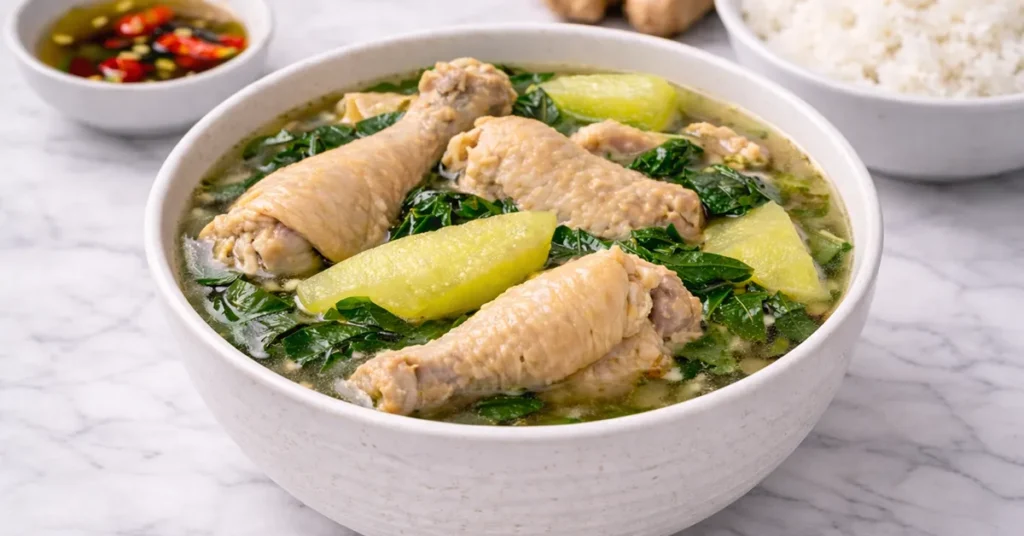 a bowl of tinolang manok with sayote and malunggay