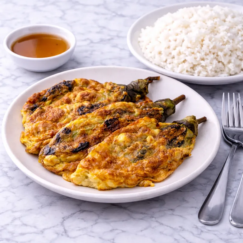 finish product of the tortang talong recipe served with white rice and dipping sauce