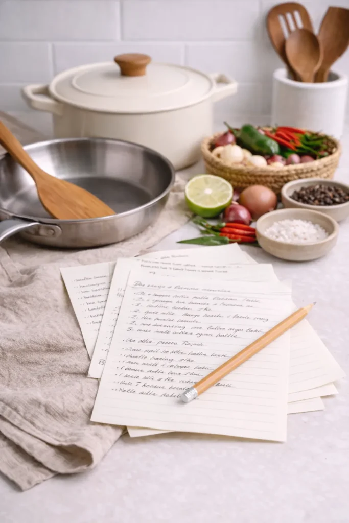pen and paper on the kitchen counter with a pot and pan, and cooking ingredients, featured image for the Kusina Tips page