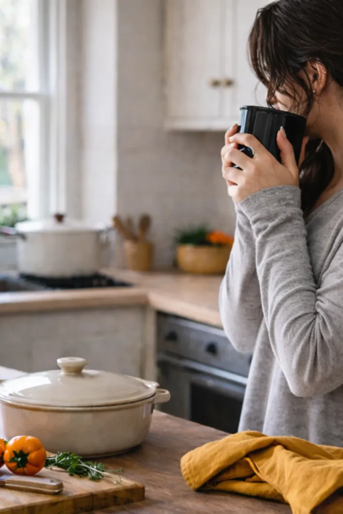 Woman sipping coffee, on the kitchen counter is a ceramic pot, some ingredients and chopping board with knife, and used apron - representing the page "Mga Kwento ni Inang"