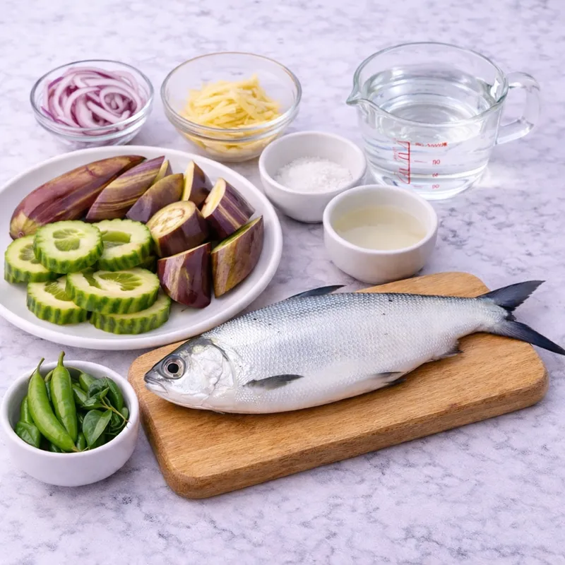paksiw na bangus ingredients laid out on a marble counter