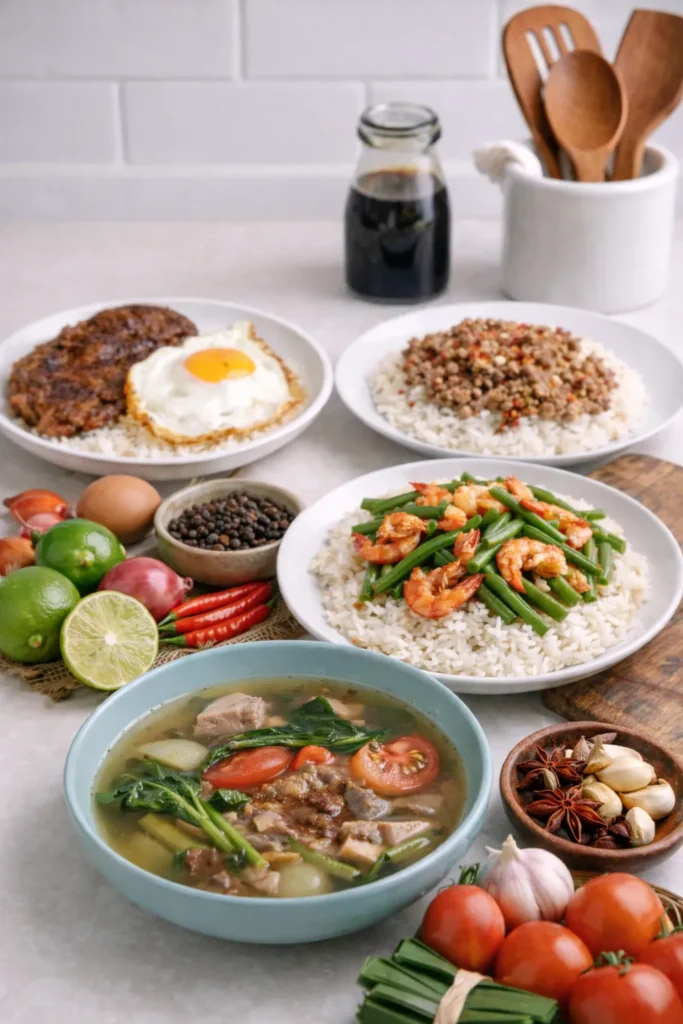 a spread of quick meal dishes with cooking ingredients on a kitchen counter, featured image for the Quick Meal ideas page