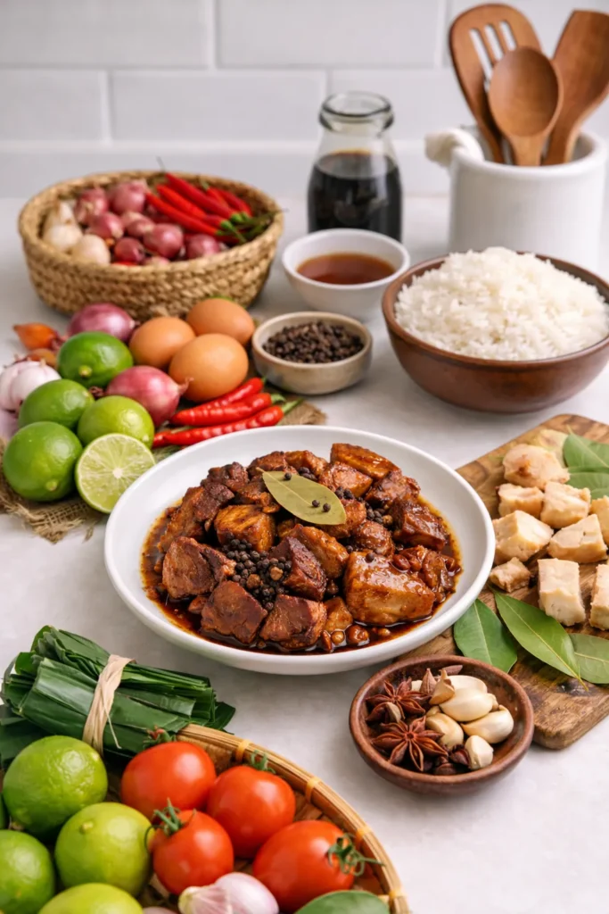 a spread of cooking ingredients on a kitchen counter with a bowl of adobo Filipino dish and bowl of white rice, featured image for the recipes page