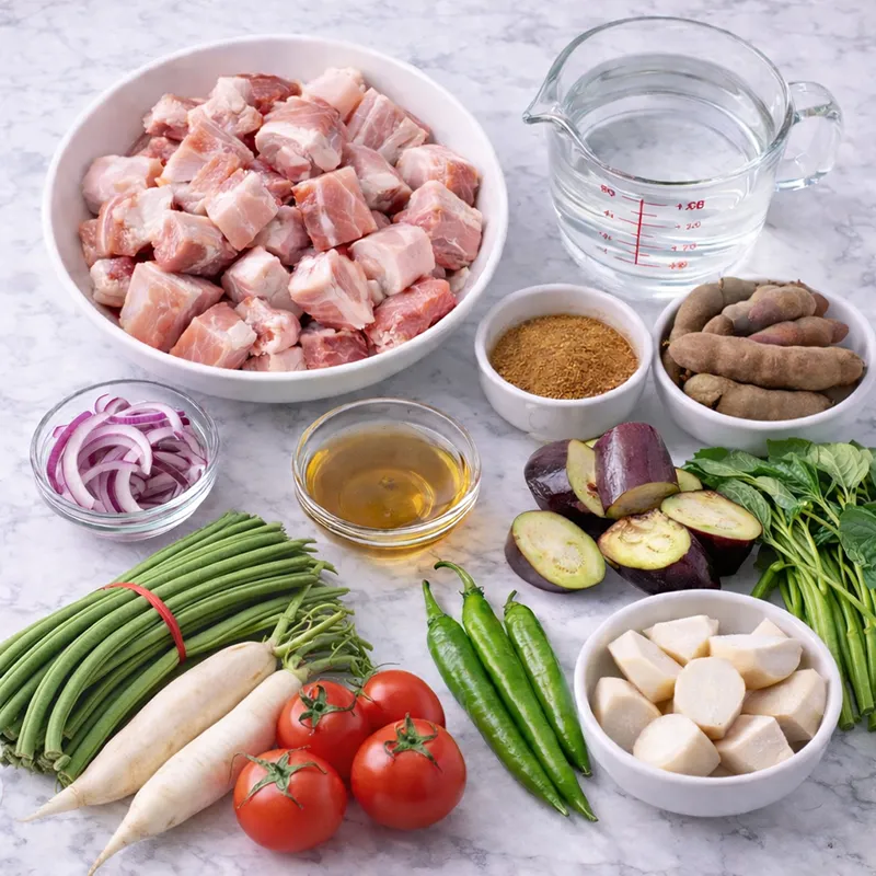sinigang na baboy ingredients laid out on a marble kitchen counter