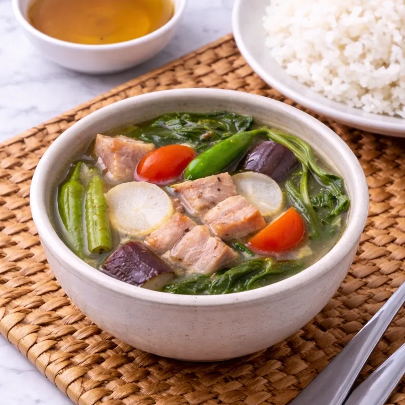 a bowl of sinigang na baboy sa sampalok with a serving of rice and fish sauce for dipping