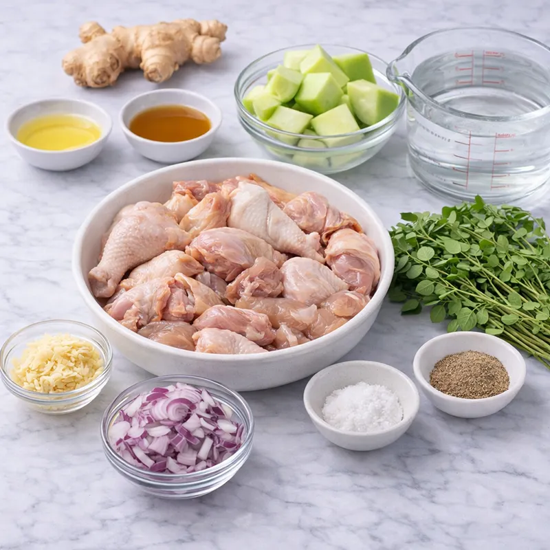 tinolang manok ingredients laid out on a marble counter