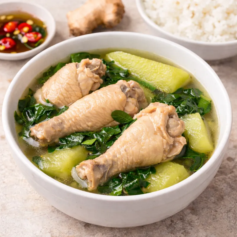 a bowl of tinolang manok with sayote and malunggay, with a bowl of white rice, and fish sauce with chilies for dipping