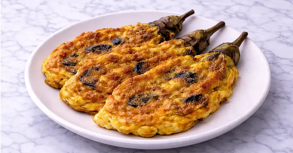 tortang talong on a white plate resting on a marble kitchen counter