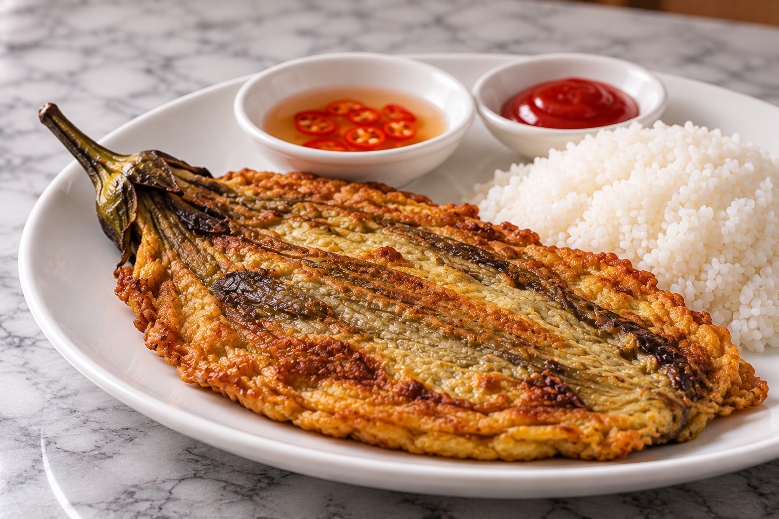 tortang talong with rice, vinegar dip, and ketchup as the finished plate for how to cook tortang talong recipe