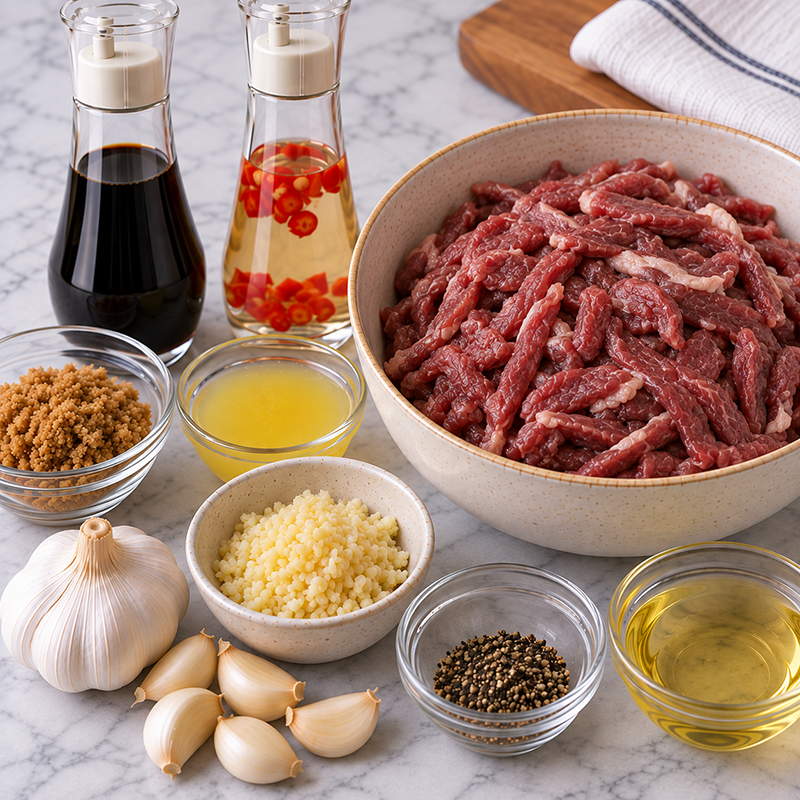 Beef tapa ingredients neatly laid out on the kitchen counter.
