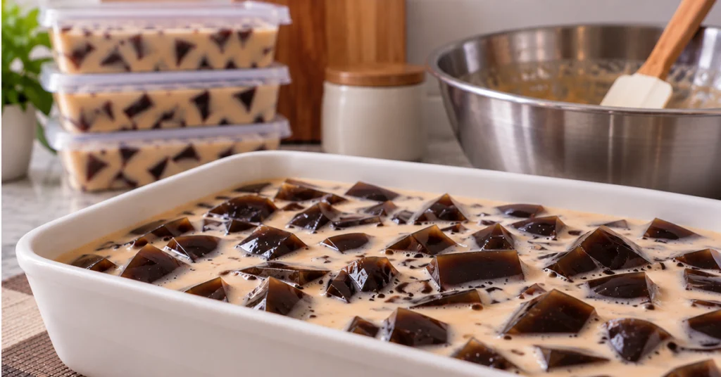 Coffee jelly dessert served in a white, rectangular, ceramic dish. At the back is the stainless steel mixing bowl and small transparent containers with coffee jelly.