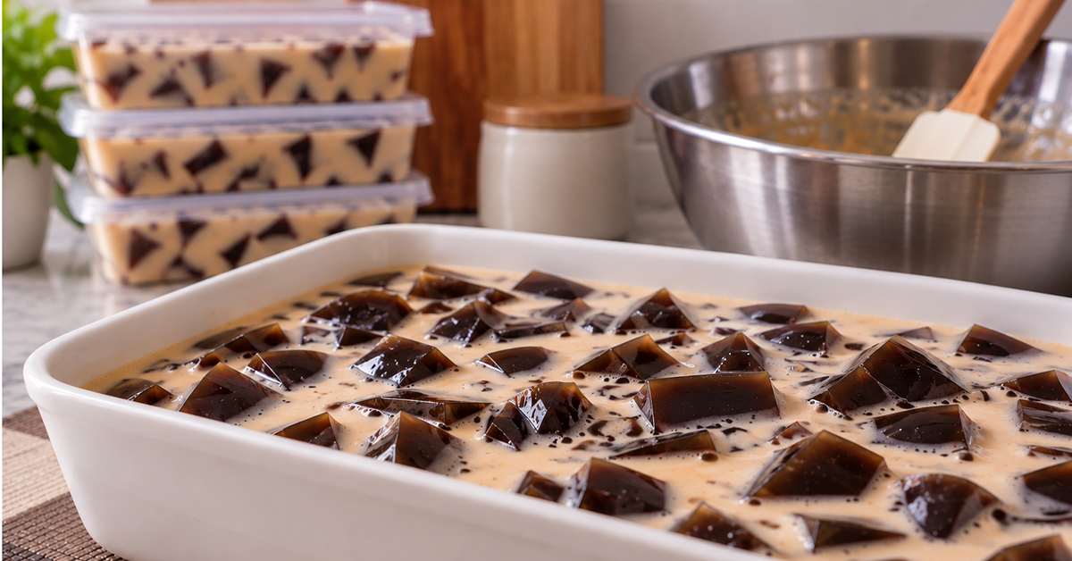coffee jelly dessert in a white serving dish, at the back are three small containers with coffee jelly dessert and the mixing bowl used in making the dessert