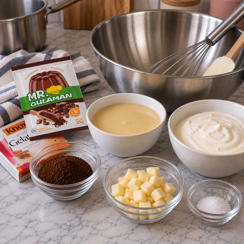 Coffee jelly ingredients are laid out neatly on the kitchen counter.