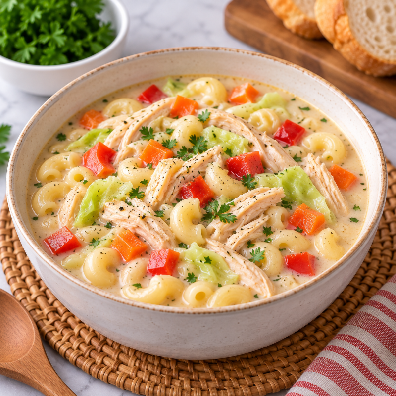 a serving of creamy chicken sopas in white bowl on top of a native placemat