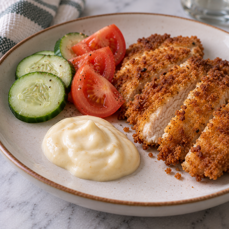 homemade garlic mayo dip served with fried breaded chicken with a side of cucumber and tomatoes