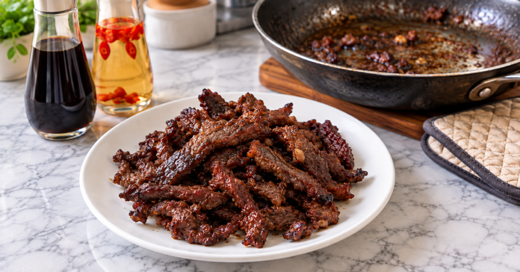 The finished dish showing how to make beef tapa for tapsilog.