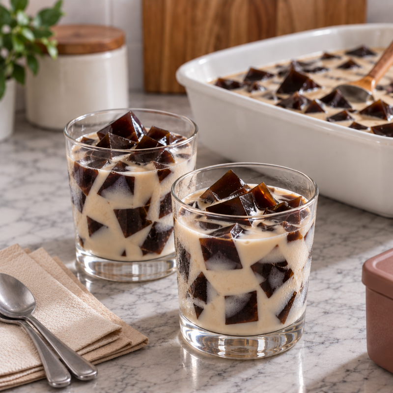Coffee jelly desserts served in two short glasses, at the back is the white ceramic serving dish with coffee jelly as well.