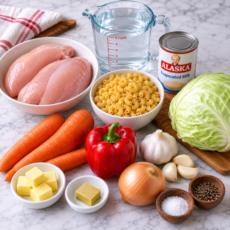 ingredients ng sopas, laid out together on the kitchen counter