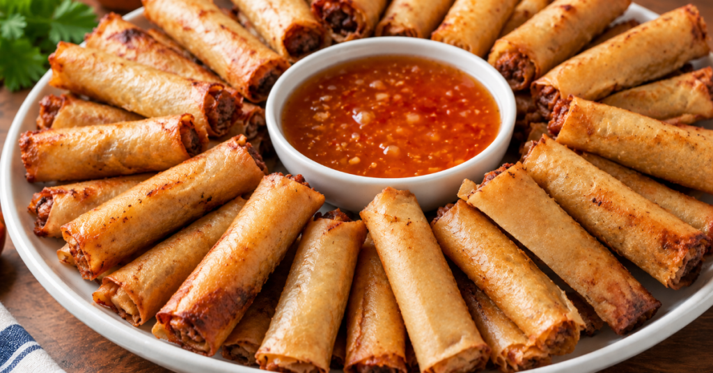 a beautiful platter of crispy pork lumpiang shanghai with a bowl of sweet chili sauce in the middle