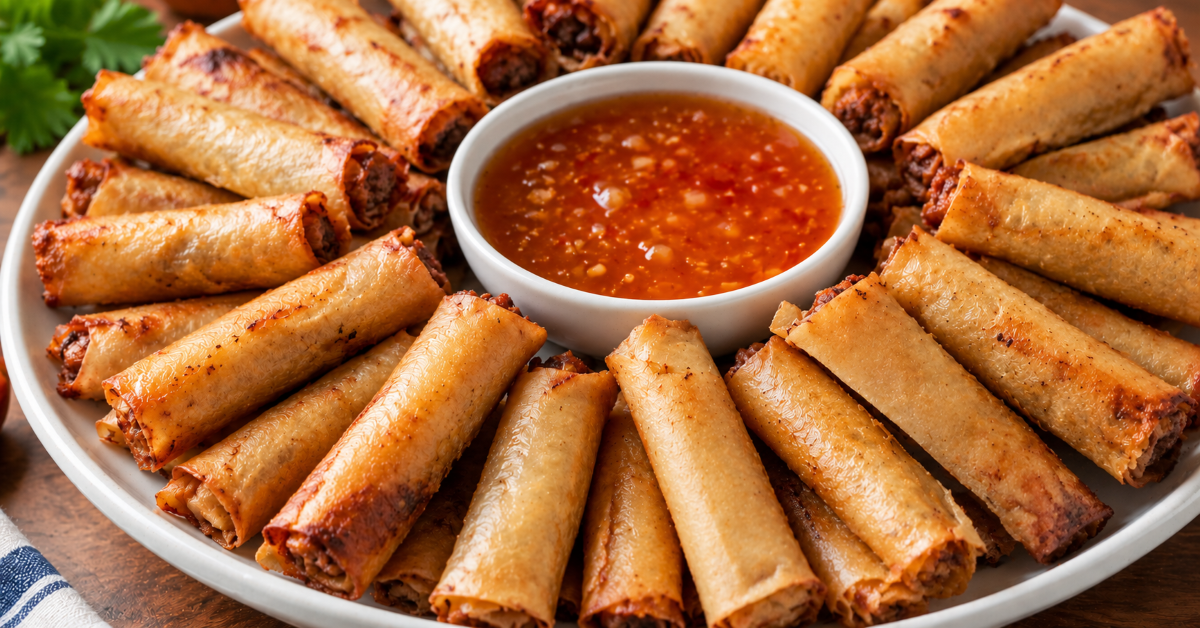 a beautiful platter of crispy pork lumpiang shanghai with a bowl of sweet chili sauce in the middle