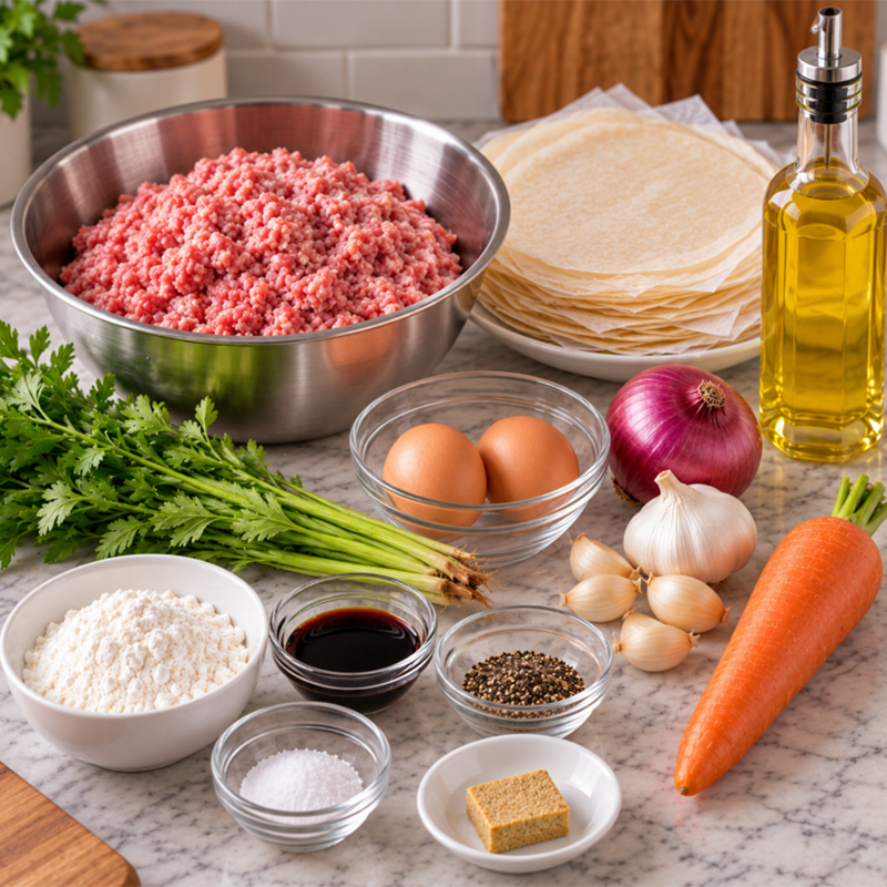 Laid out pork shanghai ingredients including ground pork, eggs, carrot, onion, garlic, celery, flour, ground black pepper, salt, pork bouillon cube, lumpia wrappers, and cooking oil.