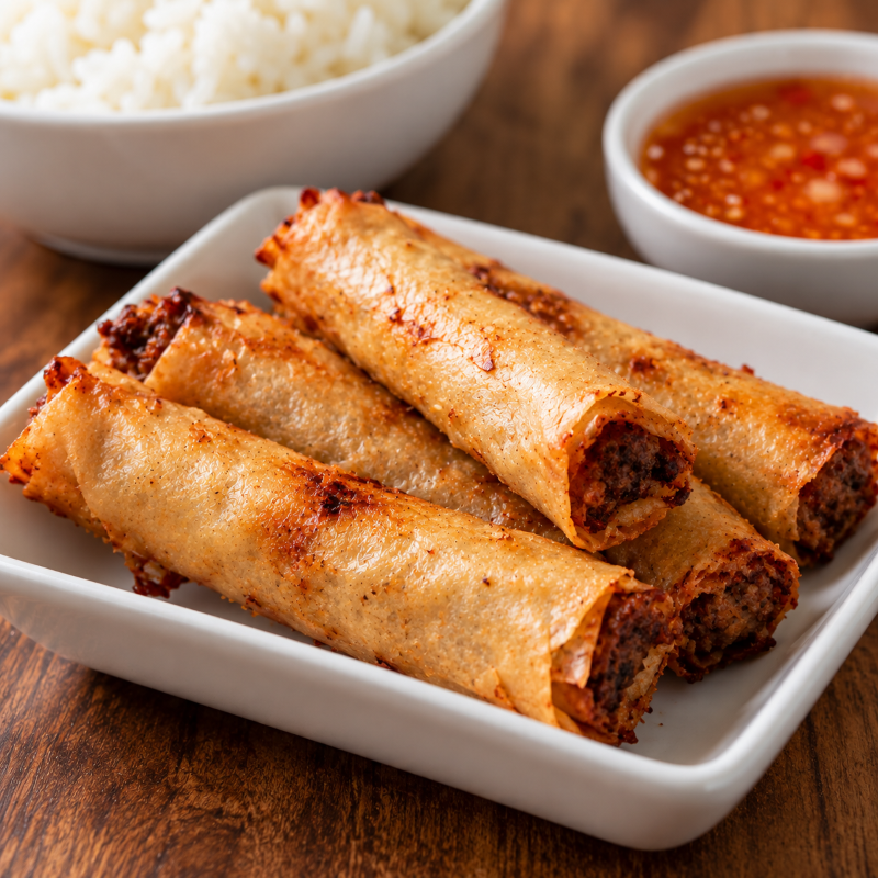 A serving of lumpia with sweet chili sauce and rice as the finish product of pork shanghai recipe.