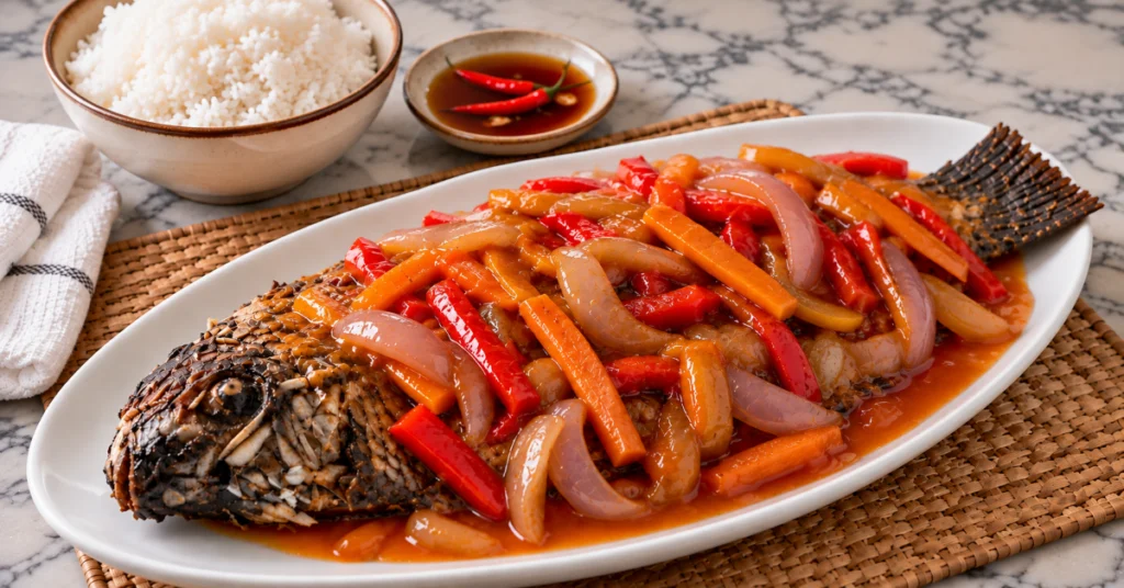The finished dish from the escabecheng tilapia recipe.