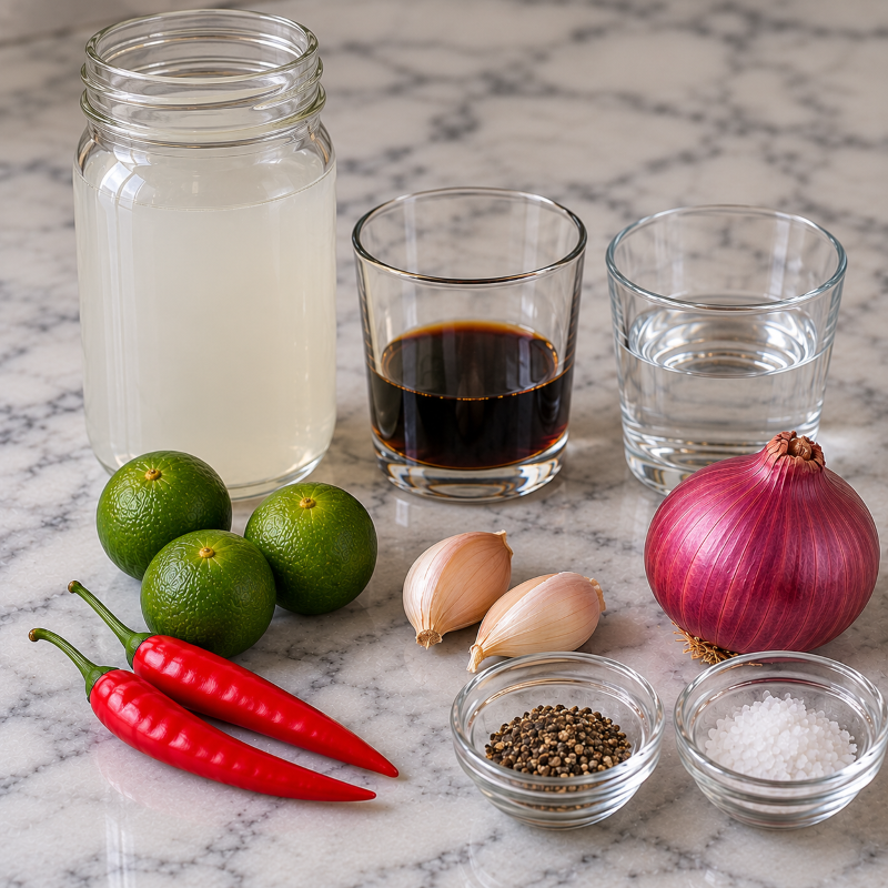 Sukang sawsawan ingredients laid out on the marbled kitchen counter.