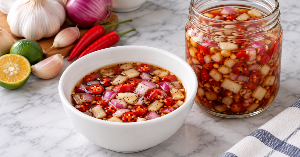 a bowl and jar of sukang sawsawan with spices