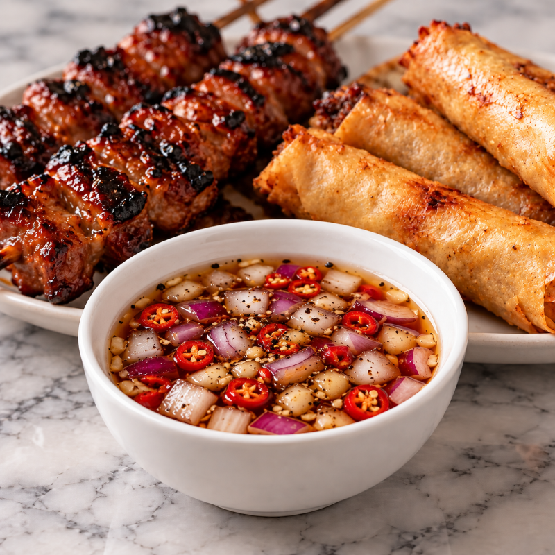 Sukang sawsawan served with pork barbecue and lumpiang shanghai.