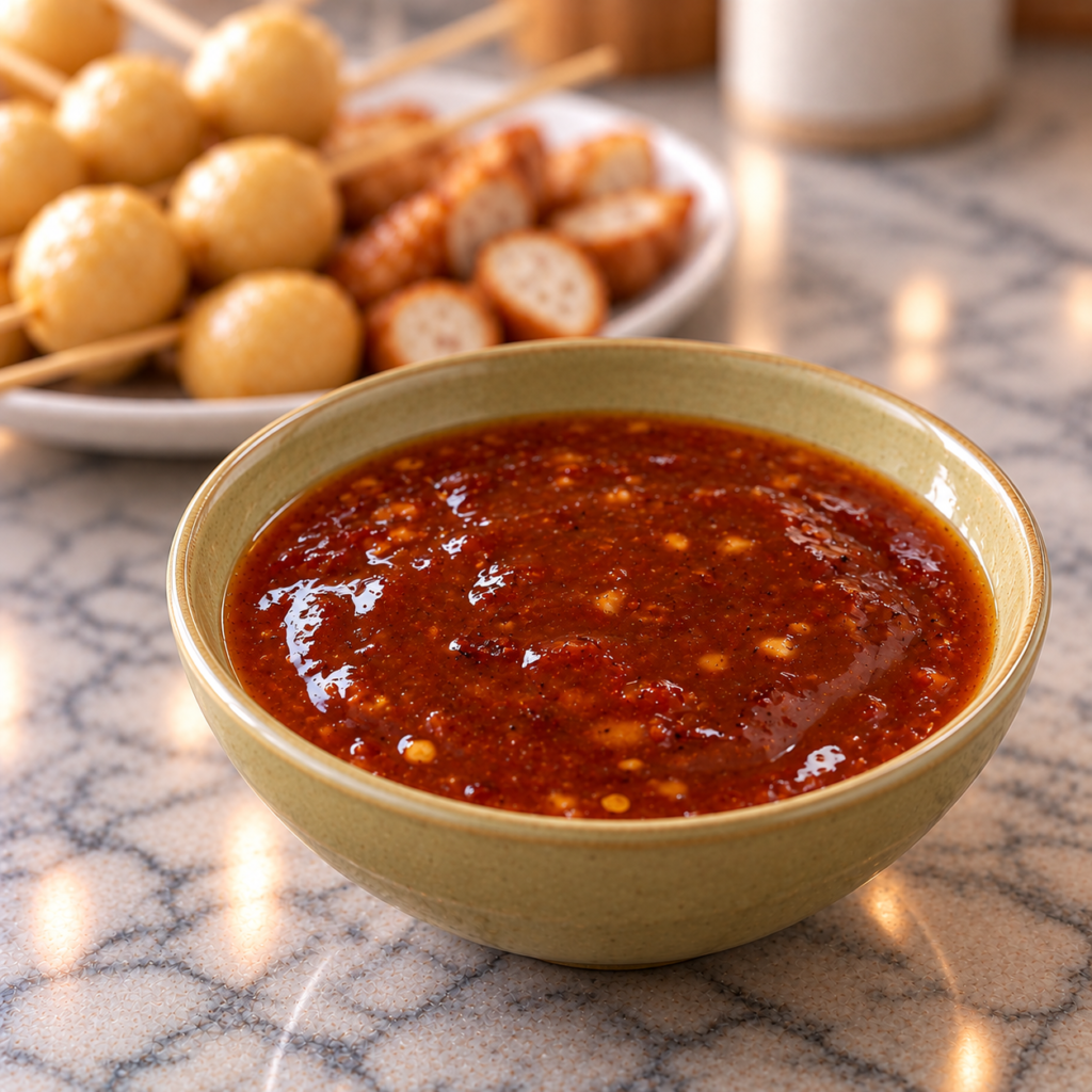 A bowl of homemade sweet and sour sauce with a plate of fish balls at the back.