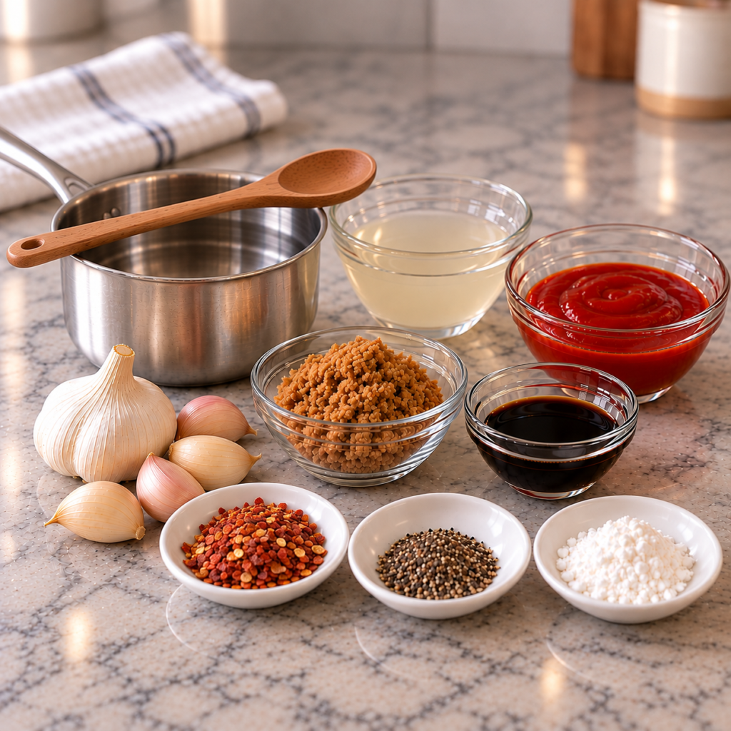 Homemade sweet and sour sauce ingredients laid out on a marble countertop.