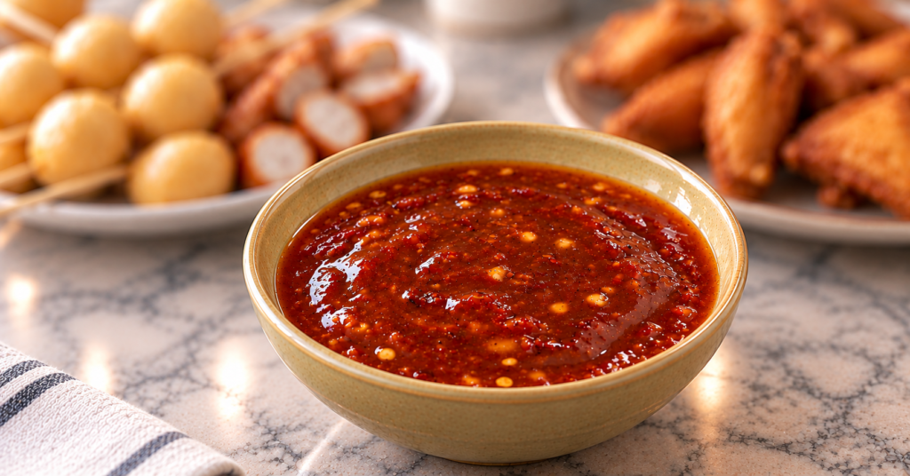 a bowl of homemade sweet and sour sauce with fish balls and kikiam at the back