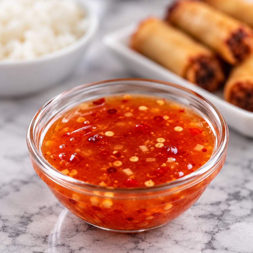 A bowl of homemade sweet chili sauce with a plate of lumpiang shanghai and bowl of rice at the back.