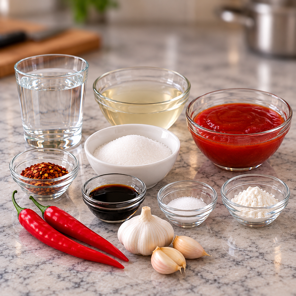 Ingredients for the homemade sweet chili sauce recipe laid out on a marble kitchen tower.