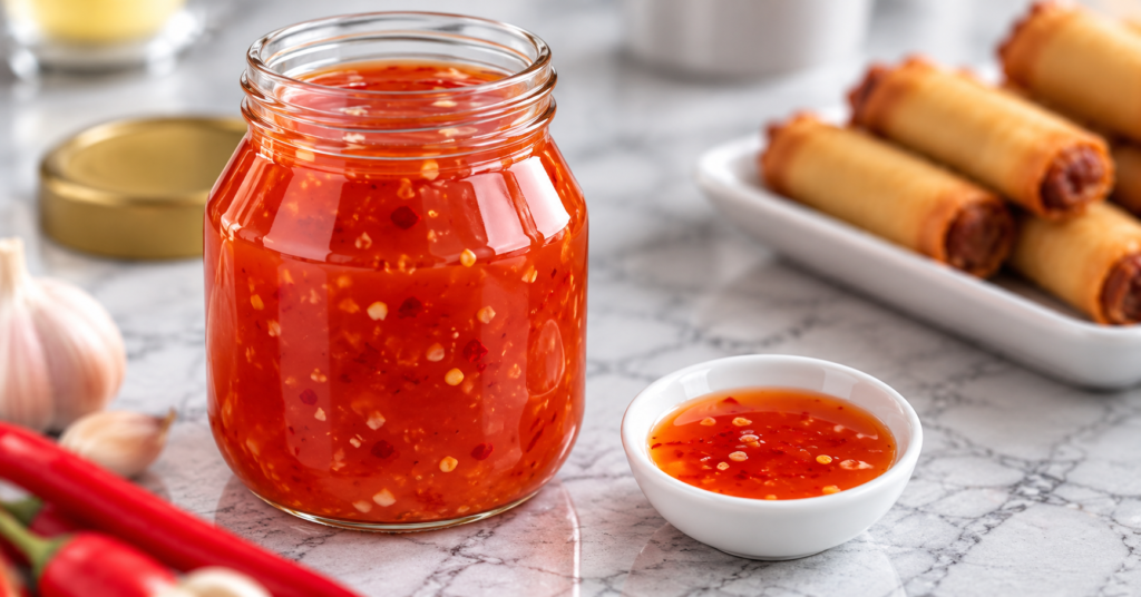 A bottle of homemade sweet chili sauce and a small dish with sauce and a plate of lumpiang shanghai.